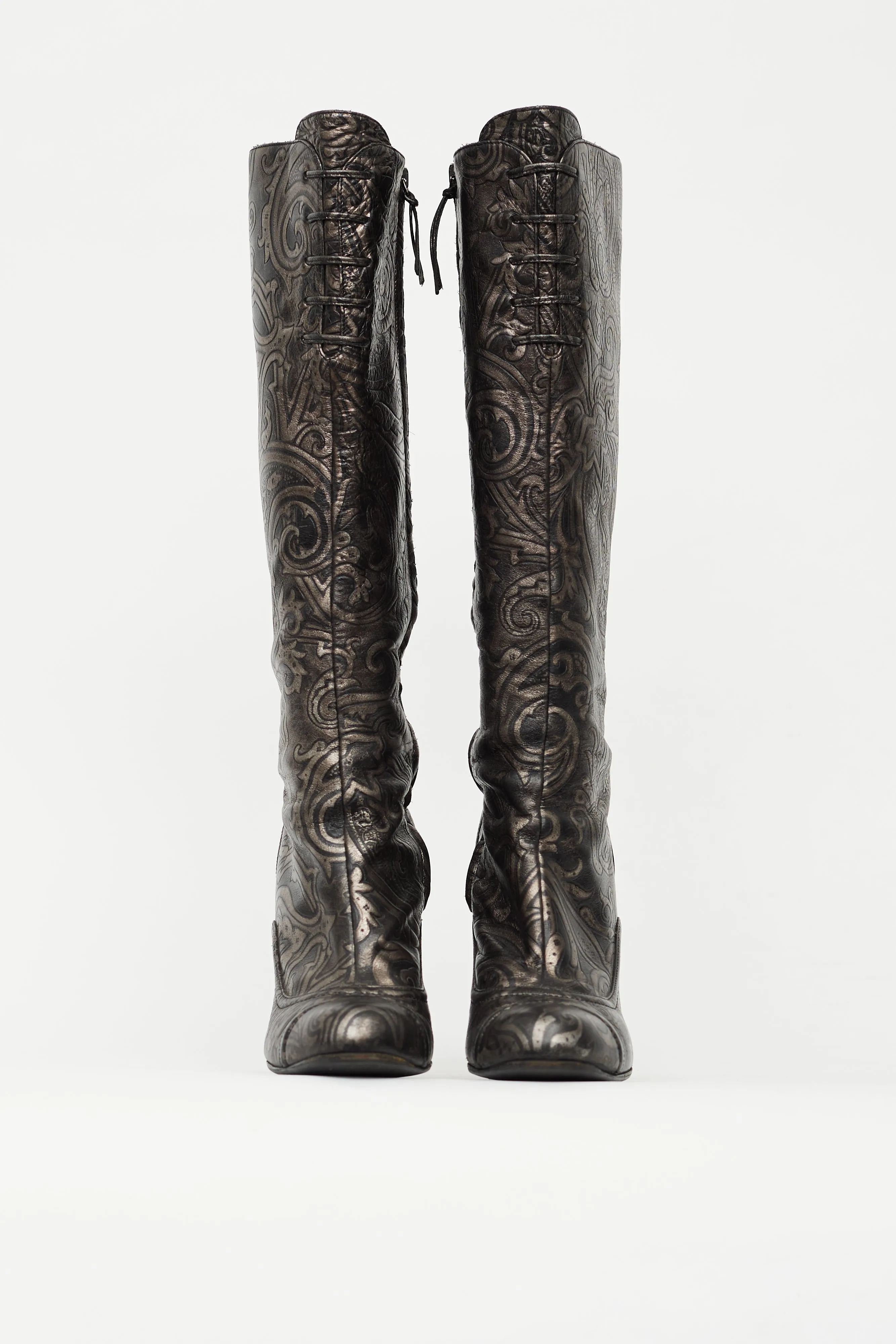Black & Silver Embossed Leather Knee High Boot