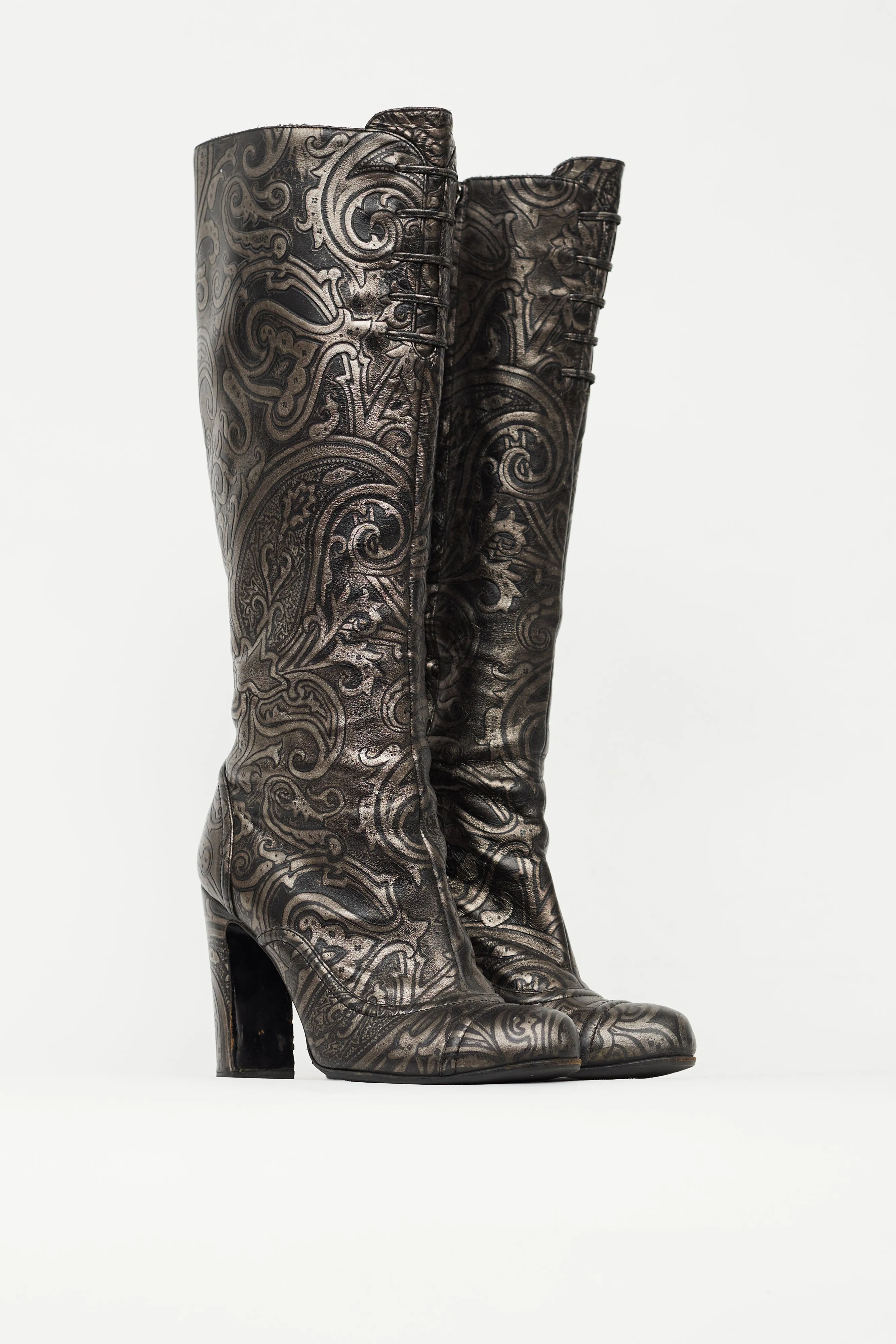 Black & Silver Embossed Leather Knee High Boot