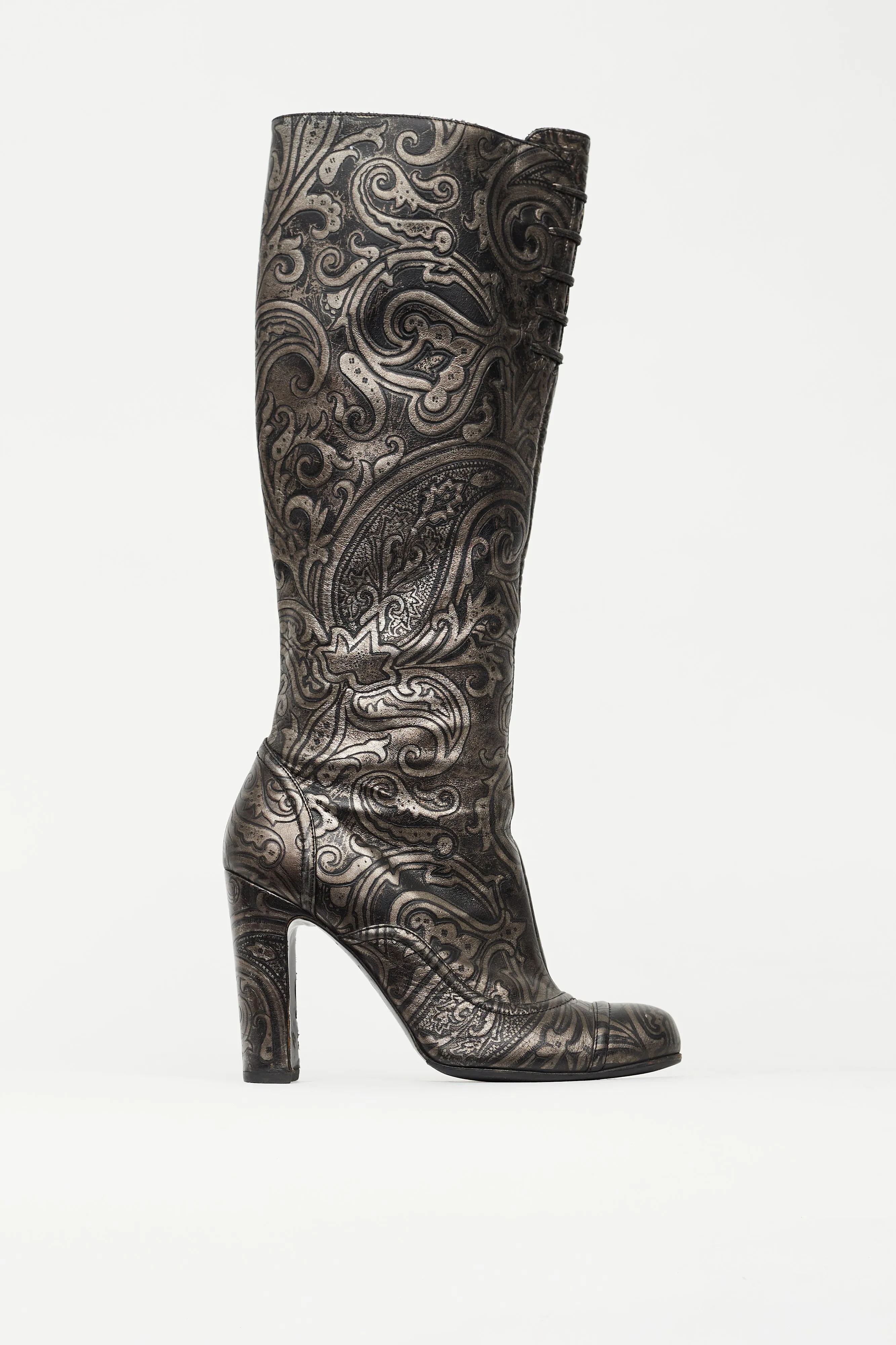 Black & Silver Embossed Leather Knee High Boot