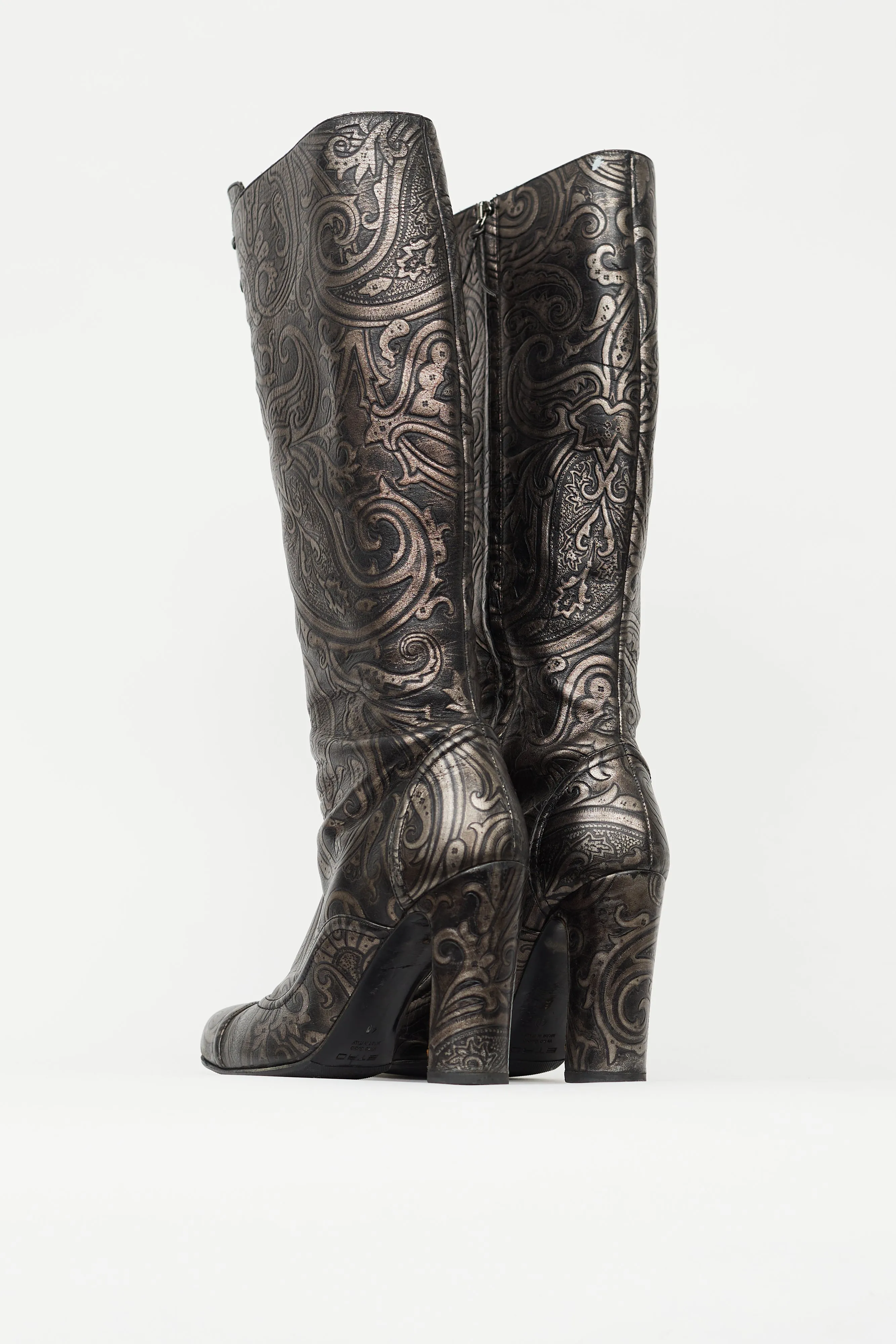 Black & Silver Embossed Leather Knee High Boot