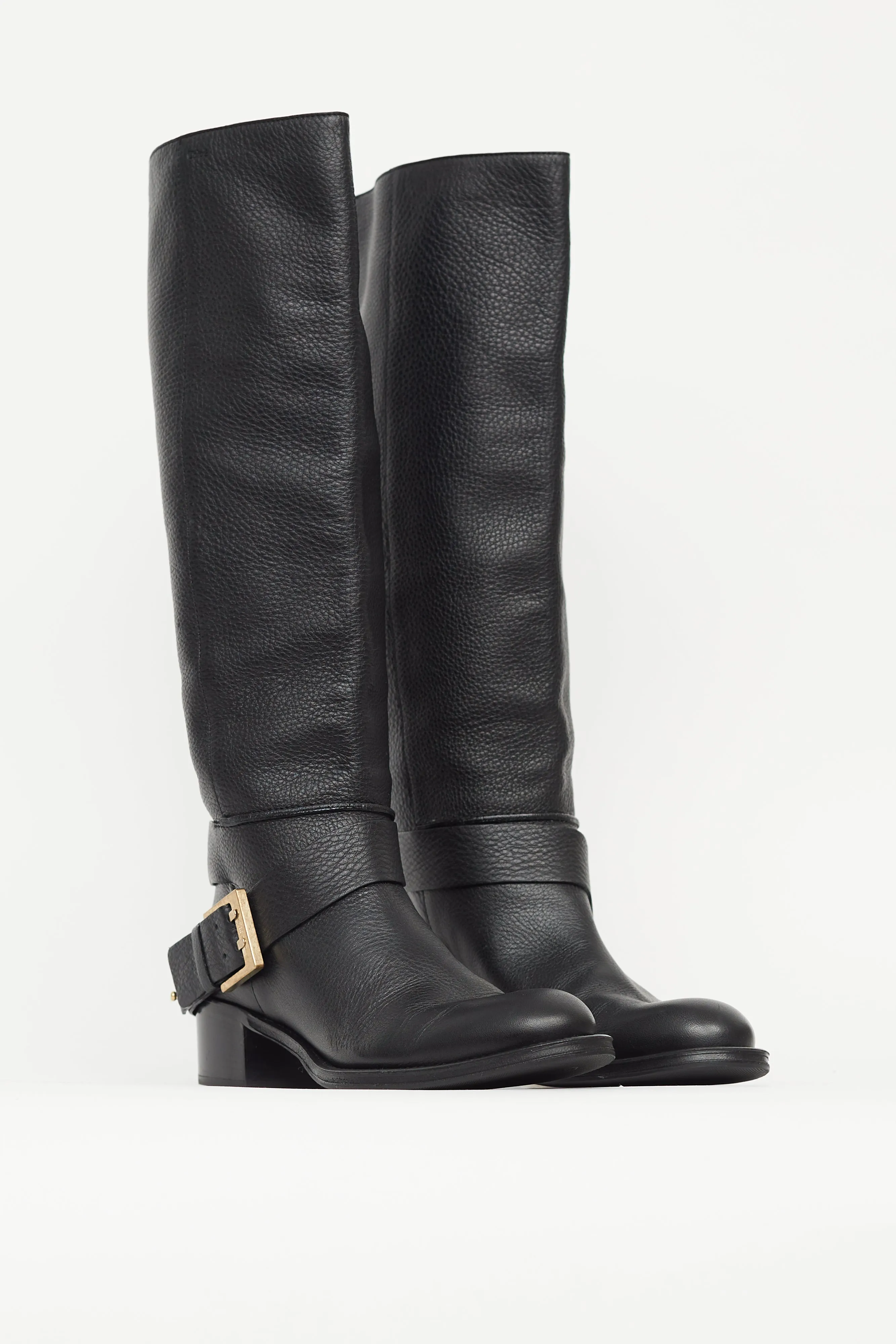 Black Pebbled Leather Gold Buckle Boot