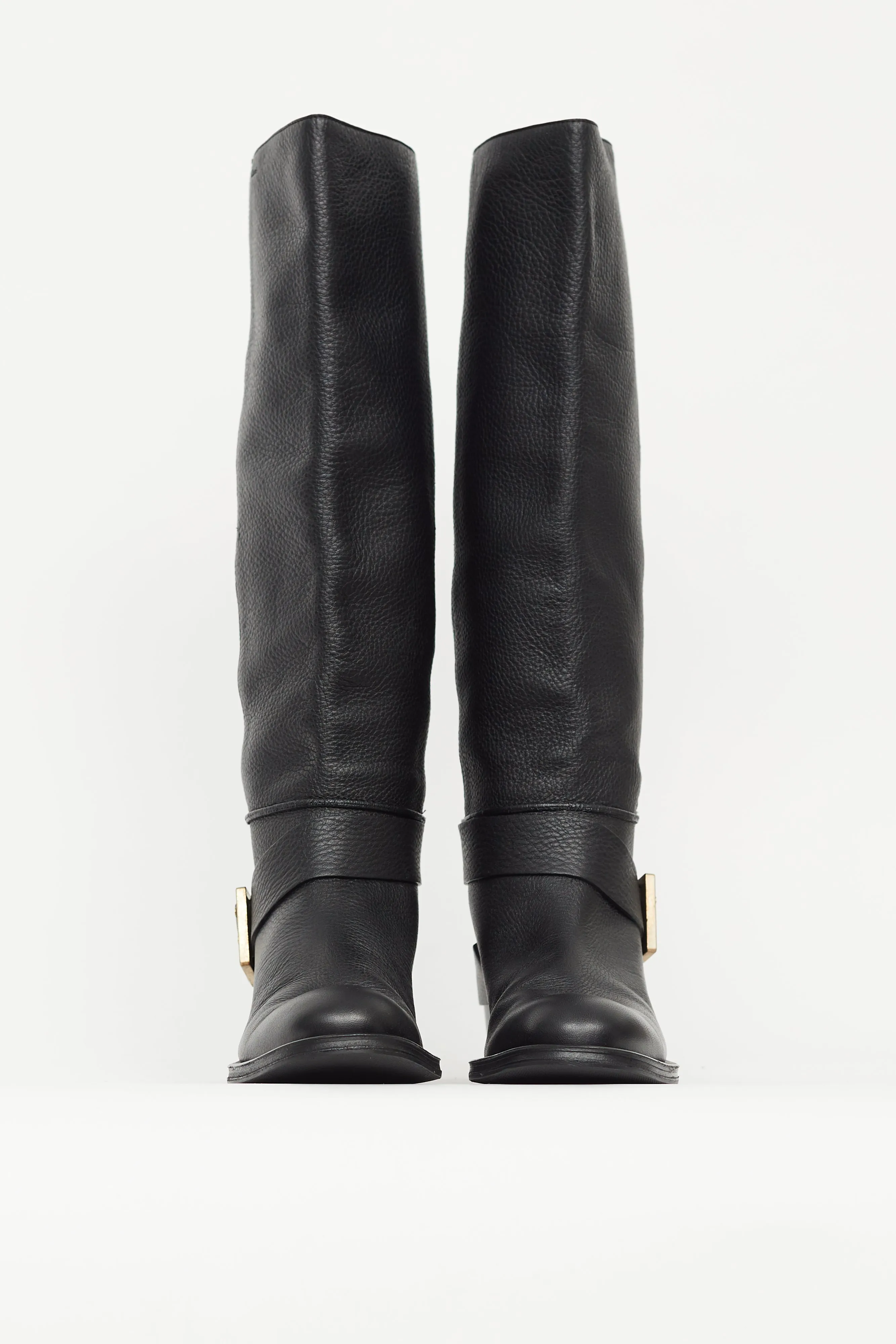 Black Pebbled Leather Gold Buckle Boot