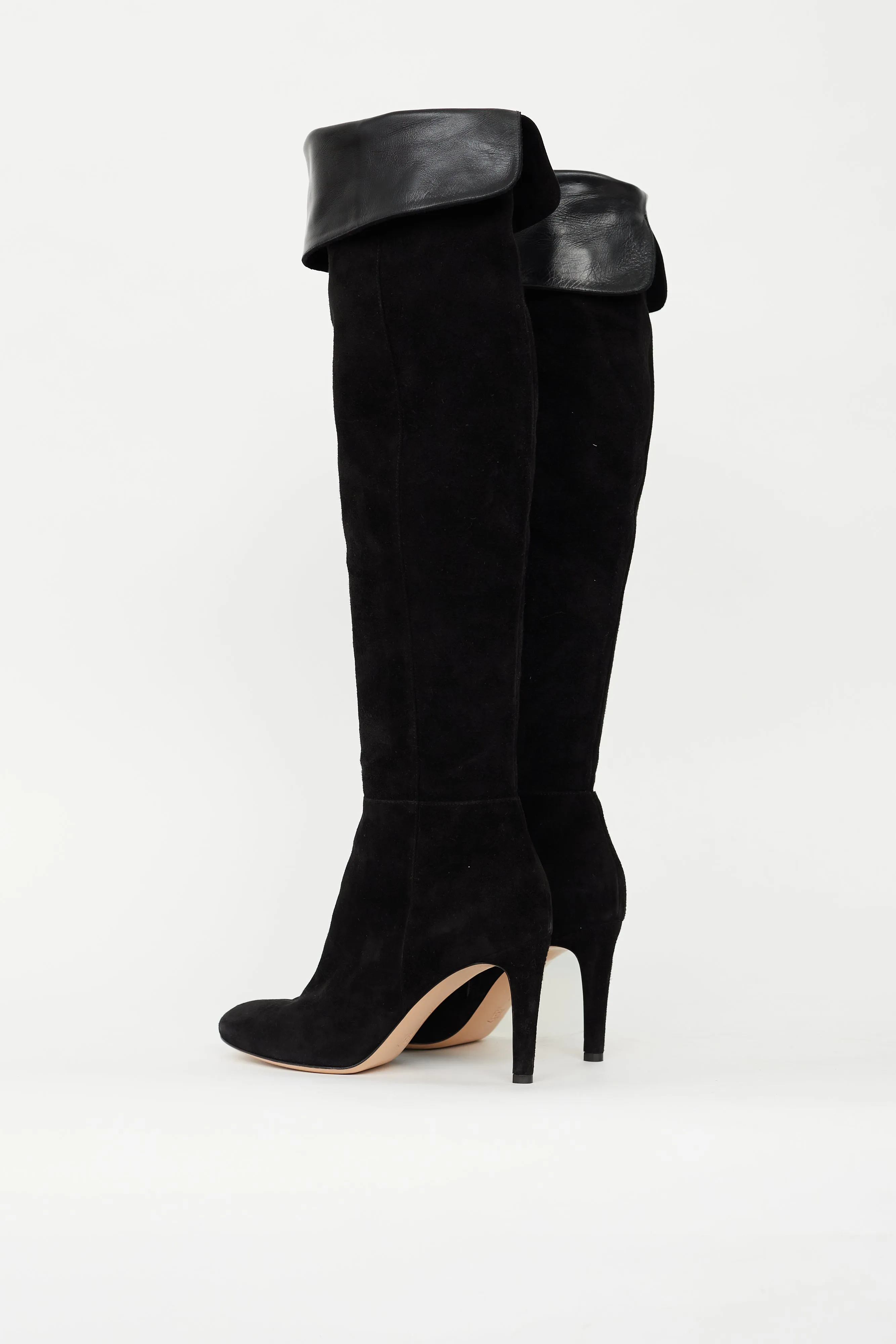 Black Suede Folded Knee High Boot