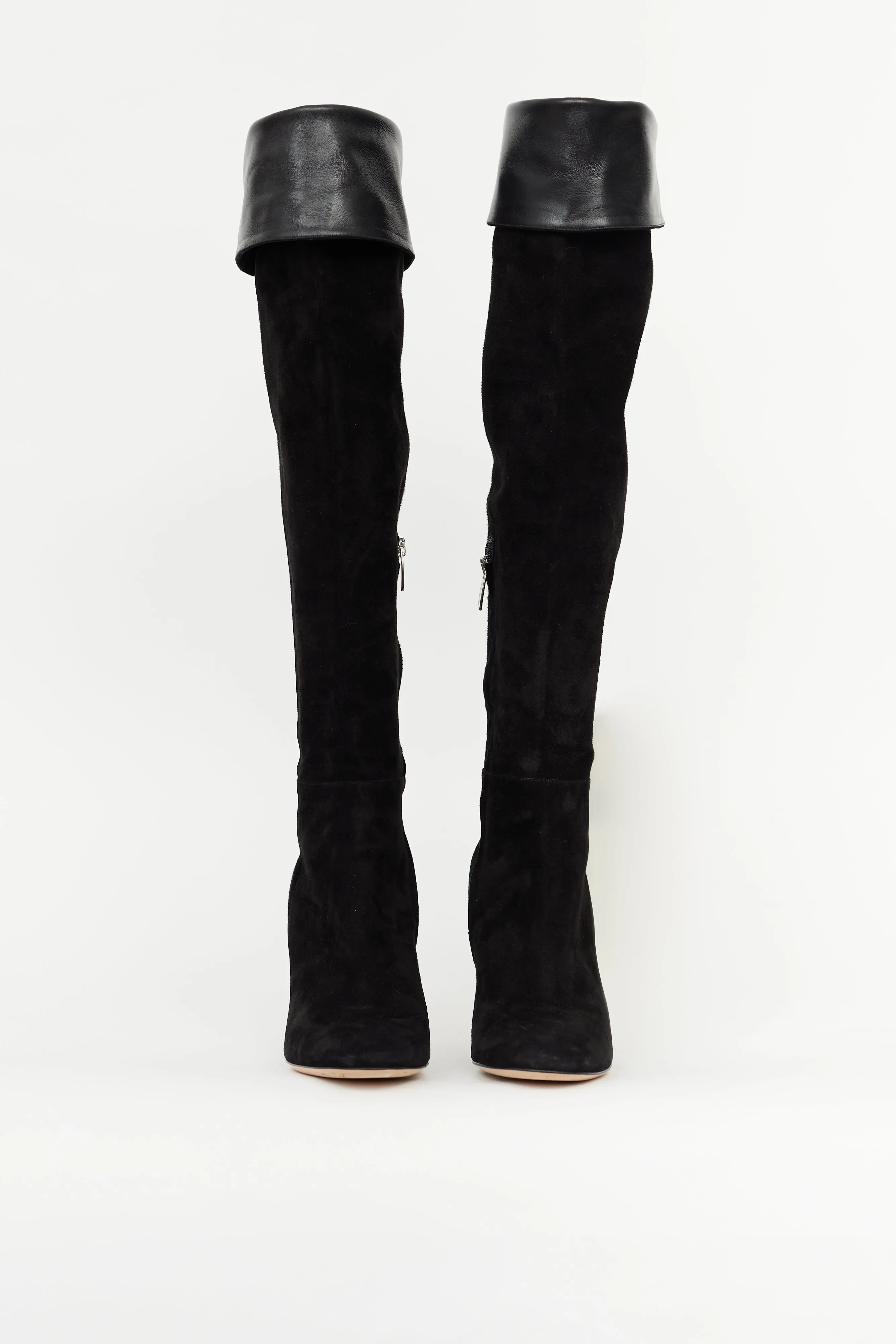 Black Suede Folded Knee High Boot