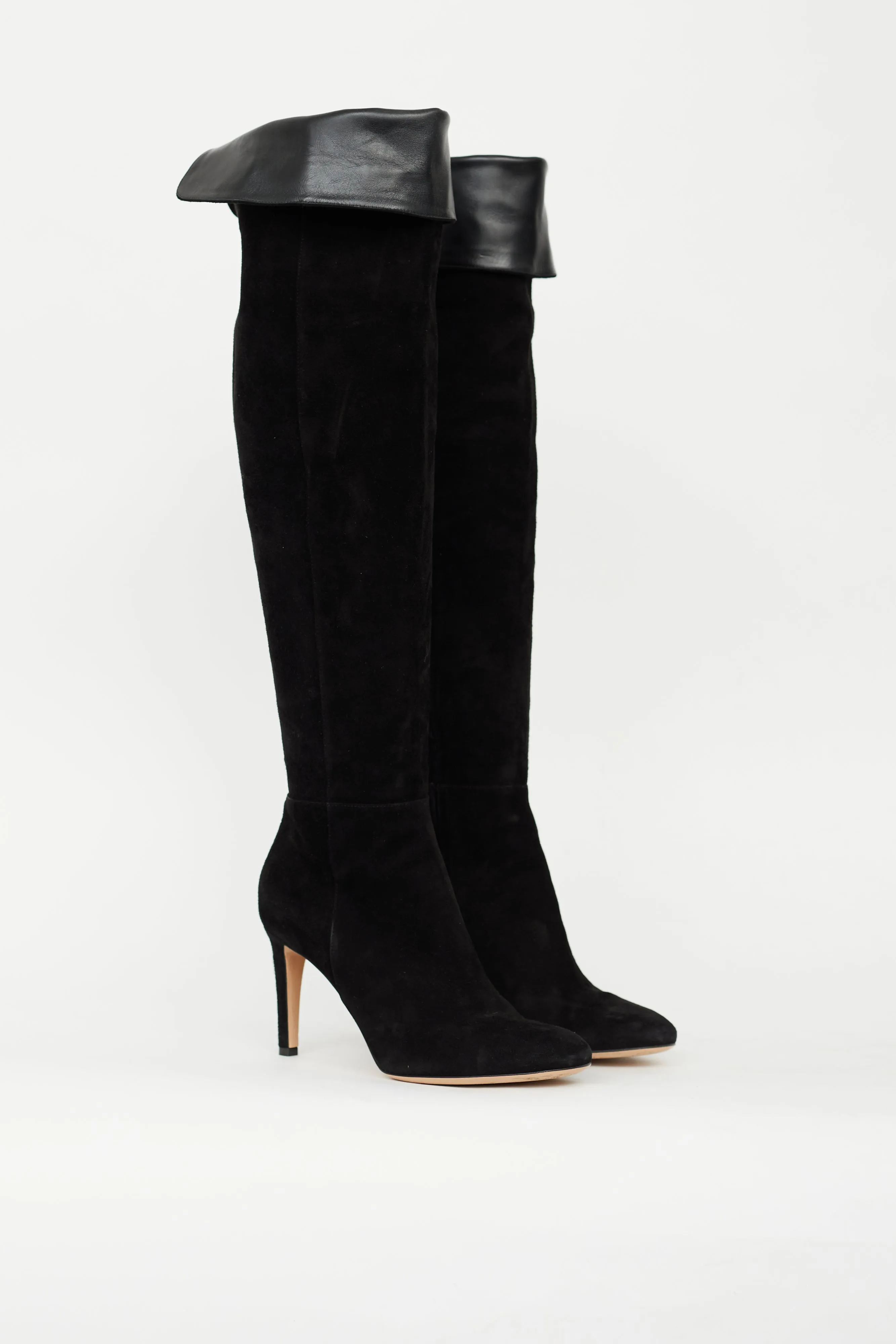 Black Suede Folded Knee High Boot