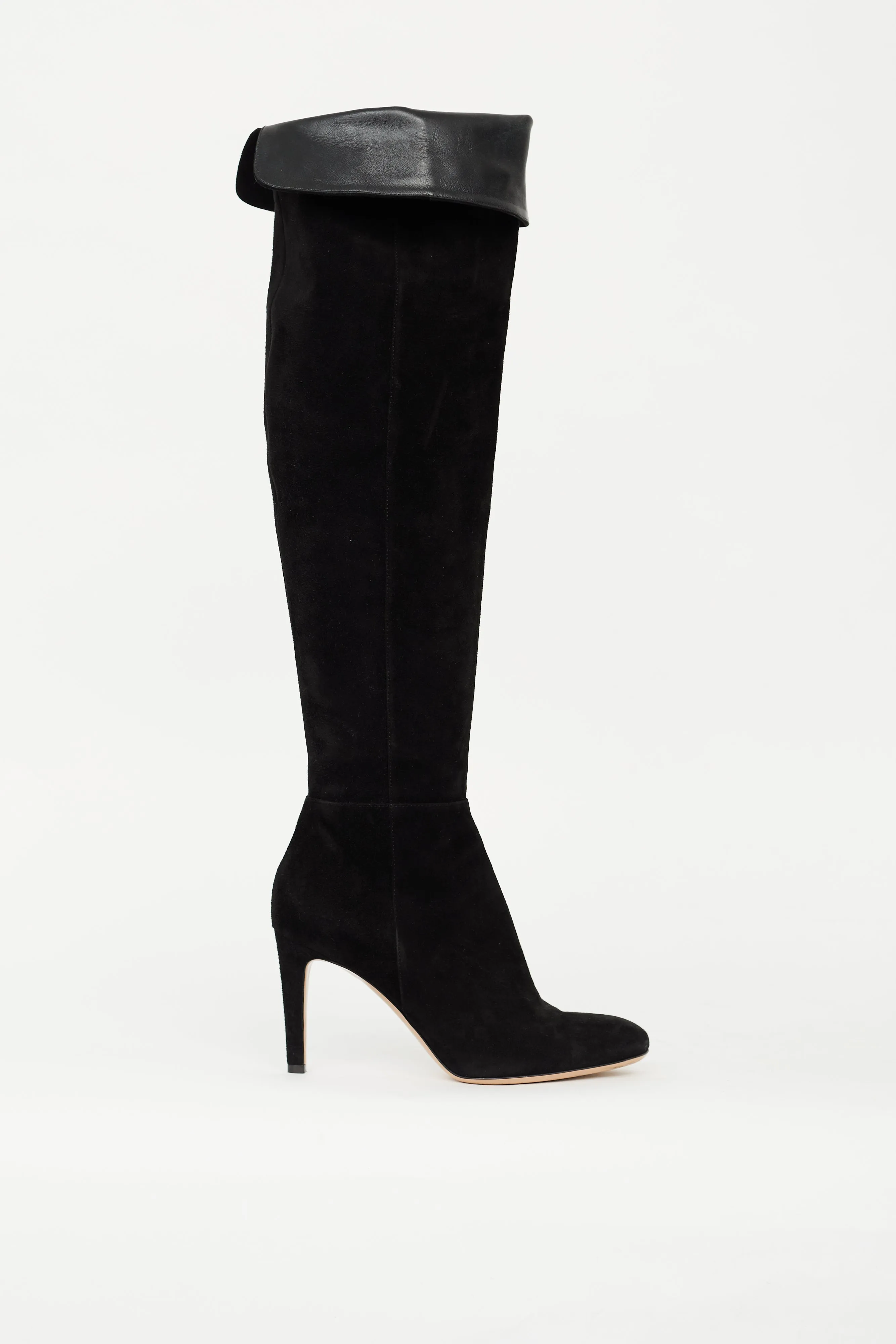 Black Suede Folded Knee High Boot