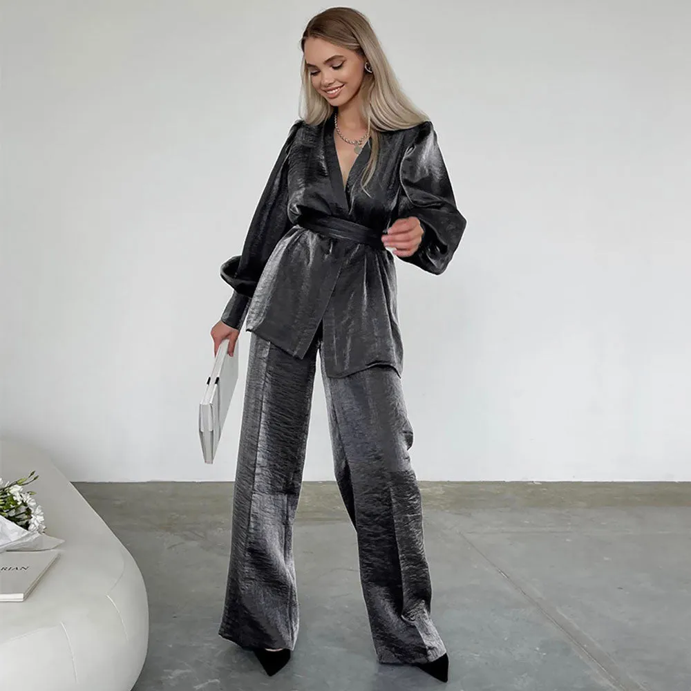 Chic Puff Sleeve Wrap Blouse High Waist Wide Leg Pants Matching Set - Gray