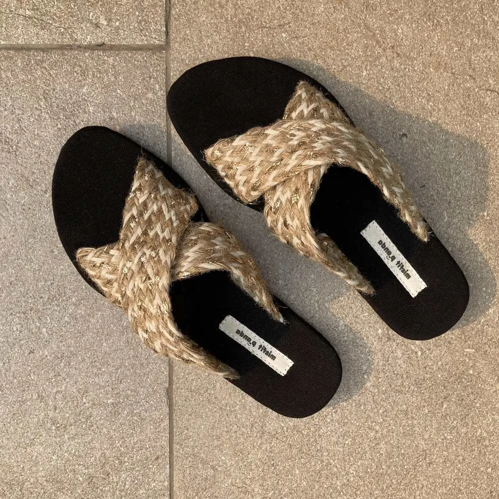 Criss-Cross Strap Slip-On Flats for Women | Ethnic Jute Craft | Beige