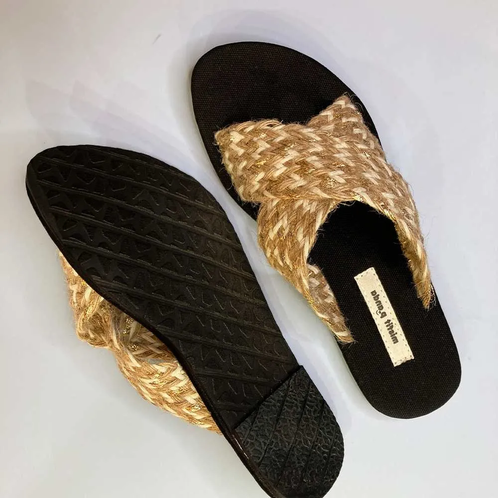 Criss-Cross Strap Slip-On Flats for Women | Ethnic Jute Craft | Beige
