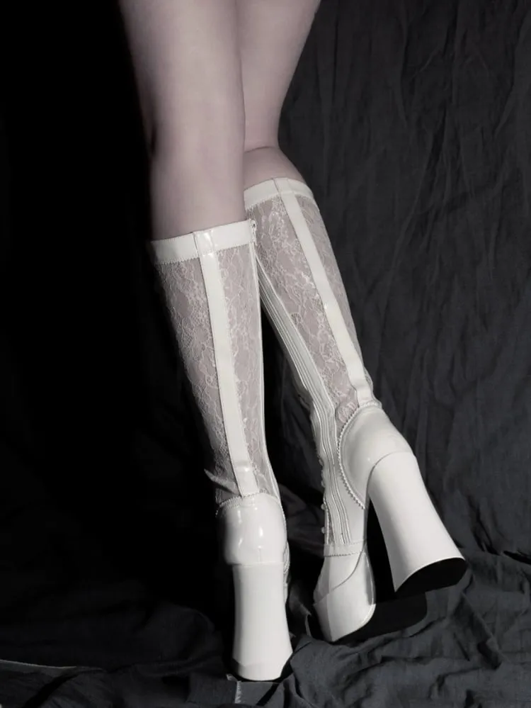 Gothic White Front Lace-up Ties Lace Platform High Block Heel  Knee-high Boots
