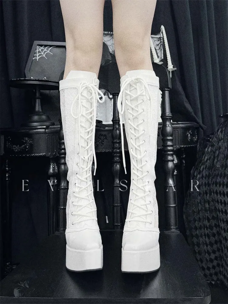 Gothic White Front Lace-up Ties Lace Platform High Block Heel  Knee-high Boots