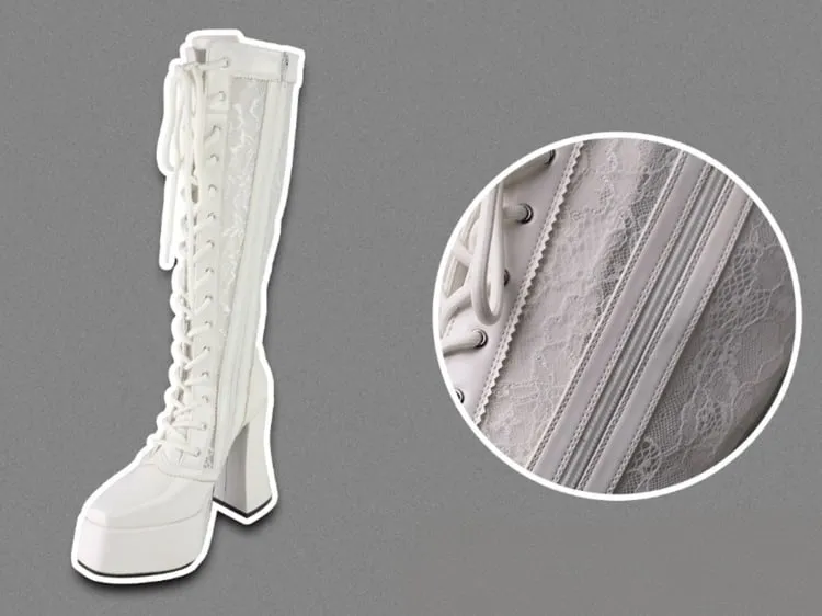 Gothic White Front Lace-up Ties Lace Platform High Block Heel  Knee-high Boots