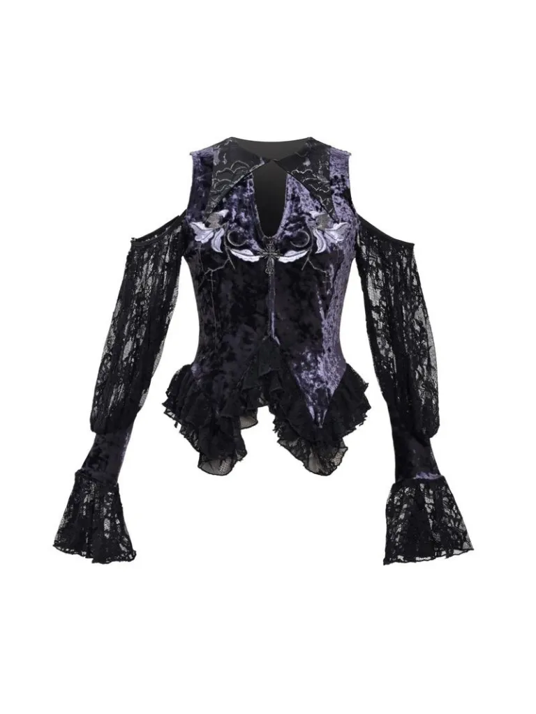 Lunaf Velvet Embroidered Gothic Bell Top Lace Sleeve Collar Pointed