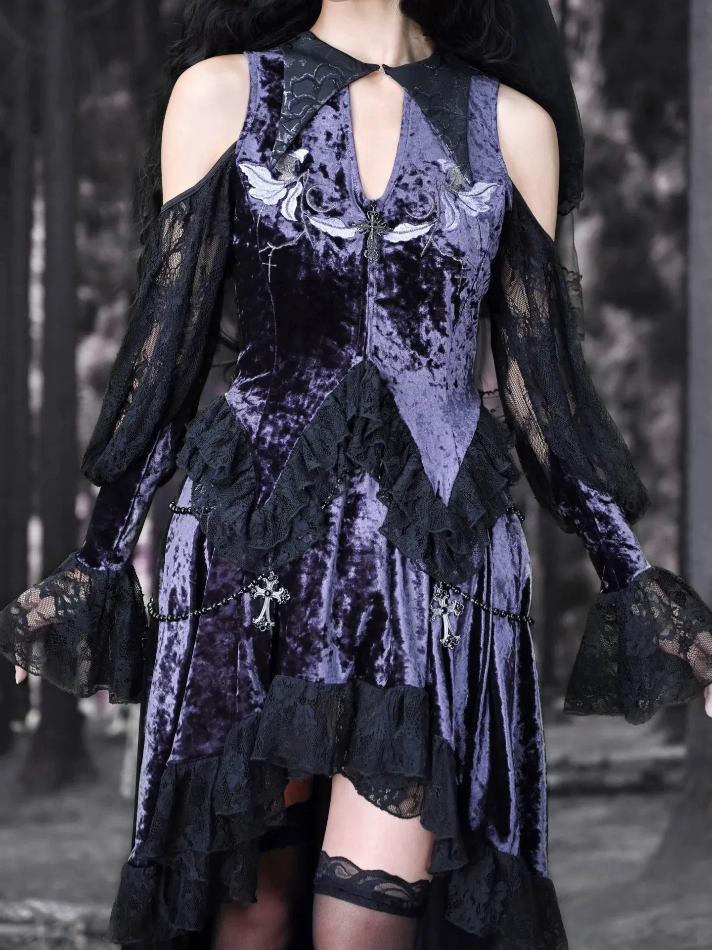 Lunaf Velvet Embroidered Gothic Bell Top Lace Sleeve Collar Pointed