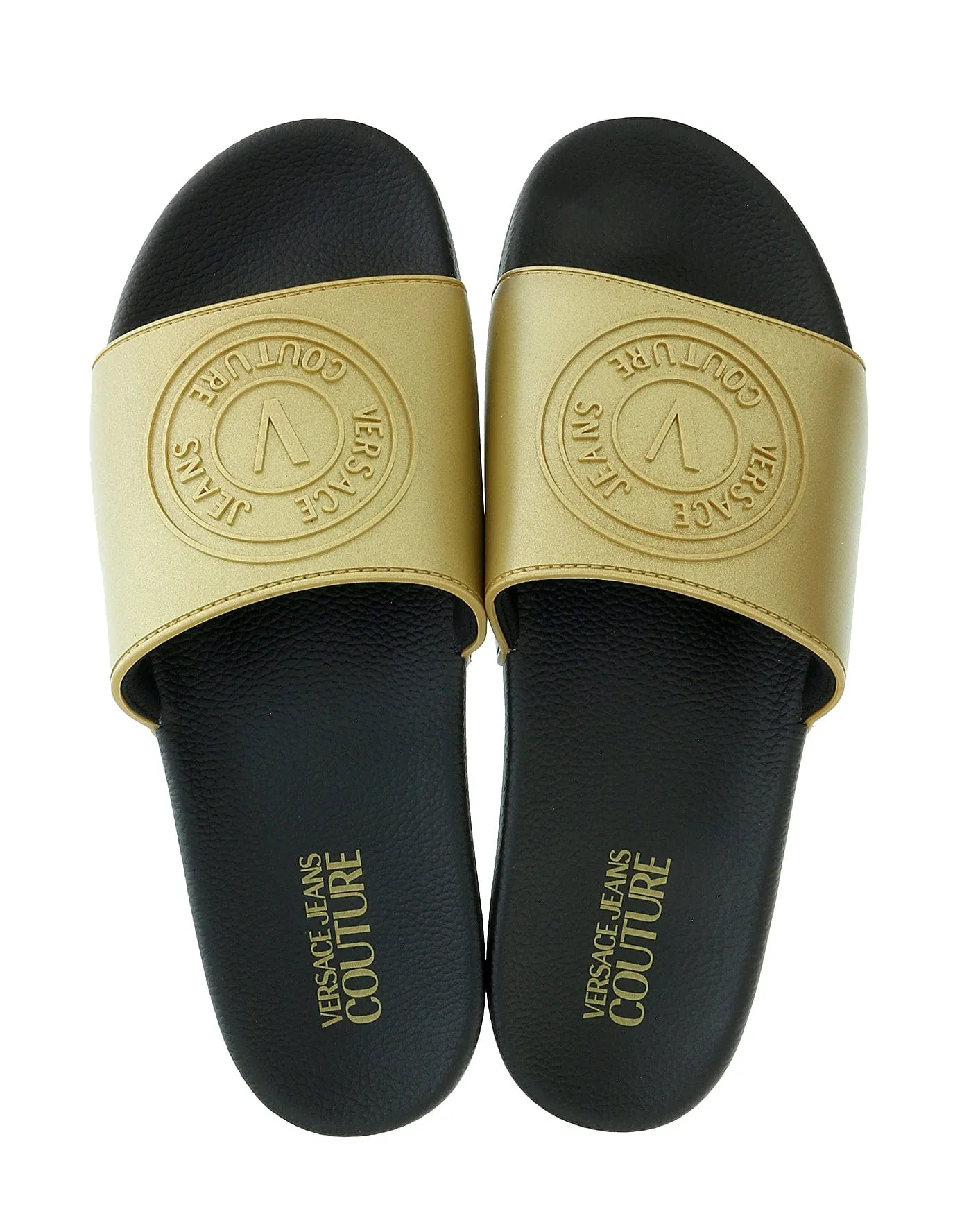 Versace Jeans Couture Gold Logo Print Wide Strap Slide-