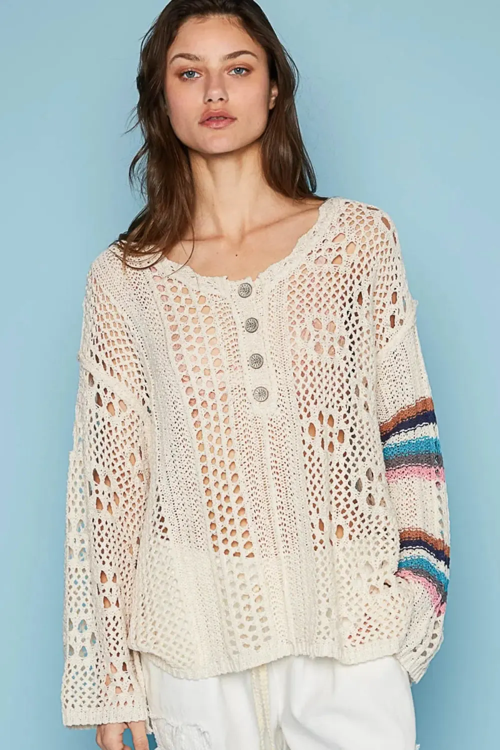 Women's Cover Up by POL - Round Neck - Striped Long Sleeve - Knit
