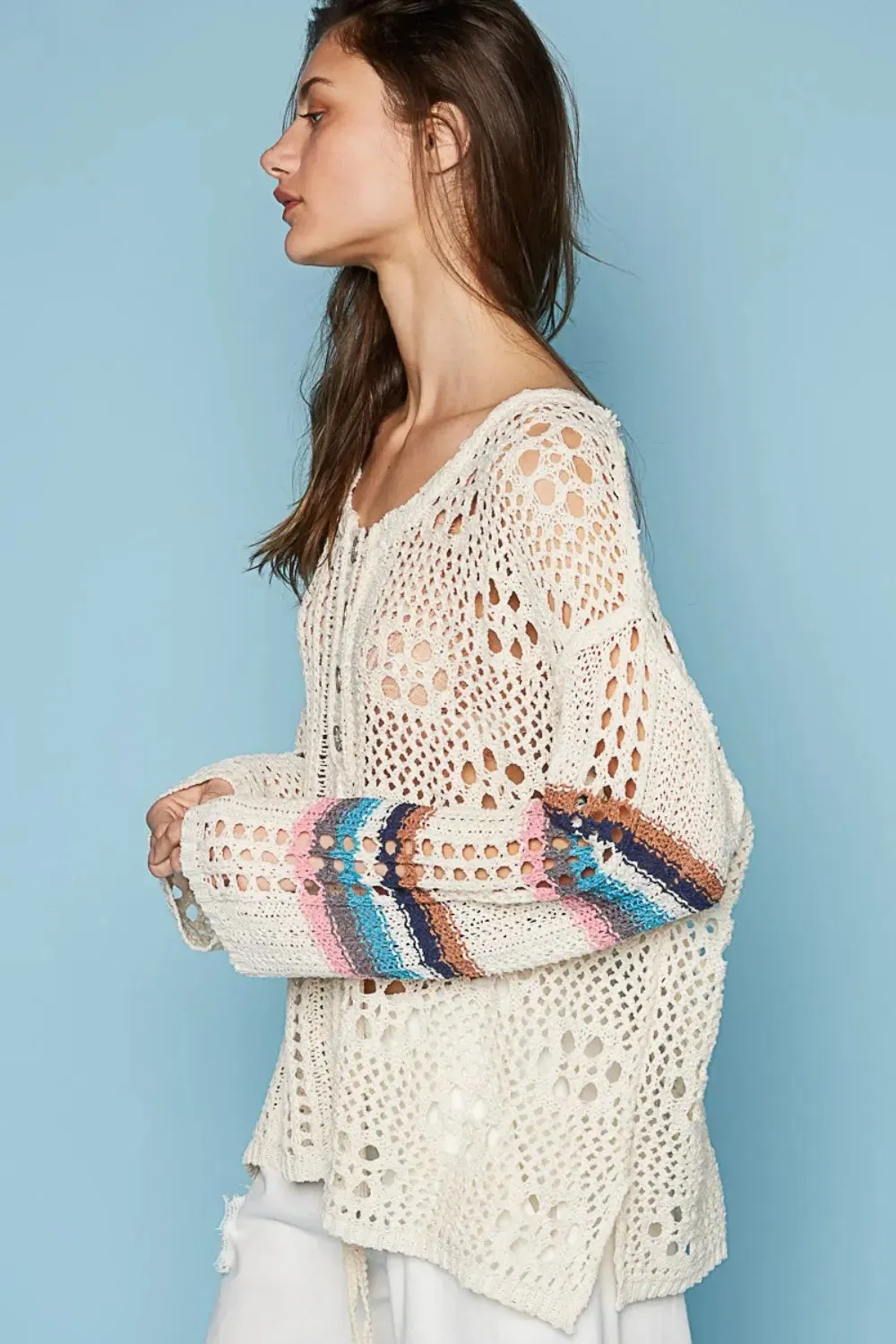 Women's Cover Up by POL - Round Neck - Striped Long Sleeve - Knit