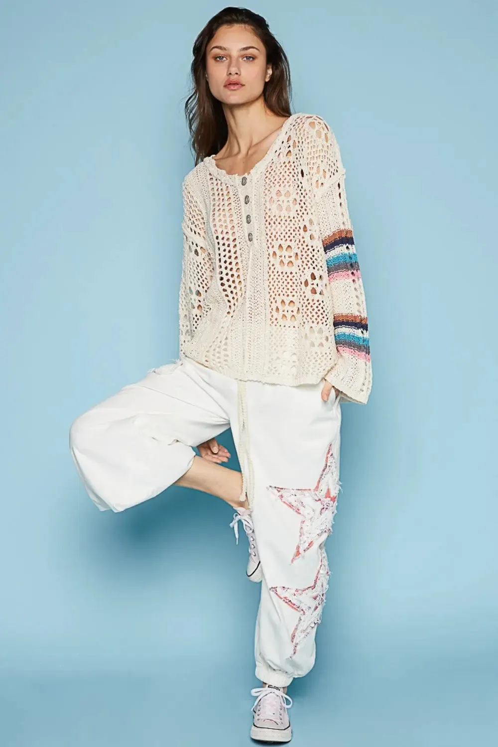 Women's Cover Up by POL - Round Neck - Striped Long Sleeve - Knit
